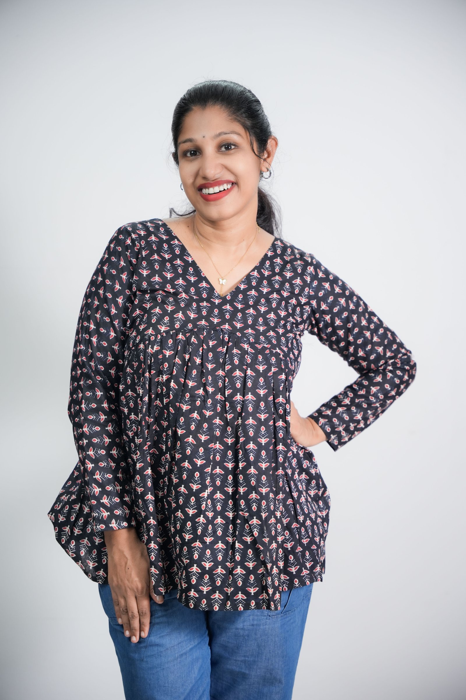 Womens Ethnic Block Print Black Cotton Short Kurti Top